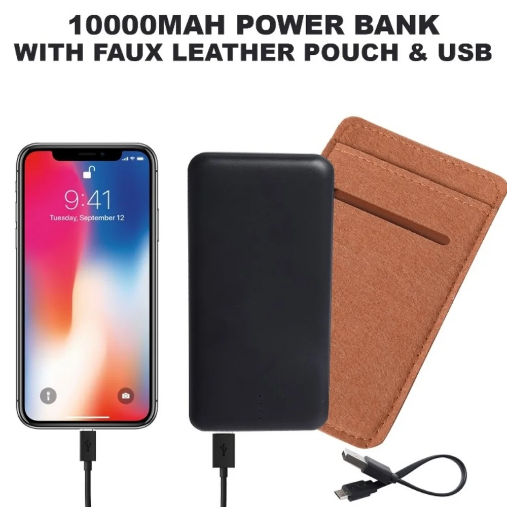 NEW Power Bank with Brown Felt & Faux Leather Pouch and USB